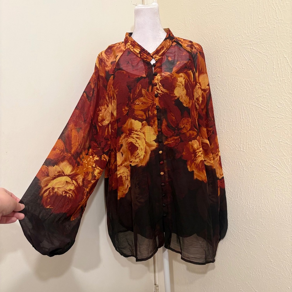 NWT Orange Brown Floral Sheer Long Sleeve Button Balloon Sleeve Fall Blouse 18